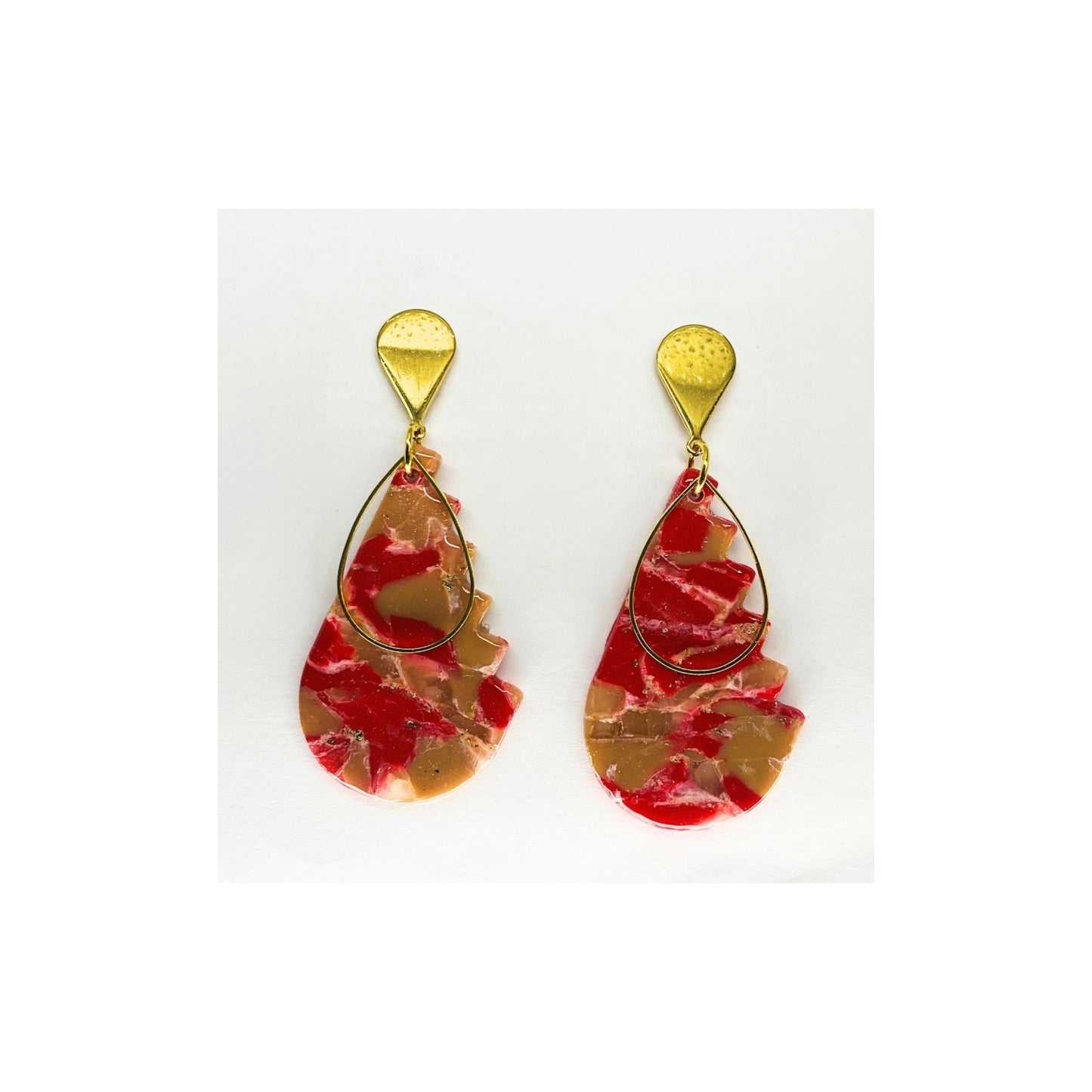Red Tan Teardrop with Gold Embellishment Dangle and Gold Teardrop Stud Earrings-Crafting By BB