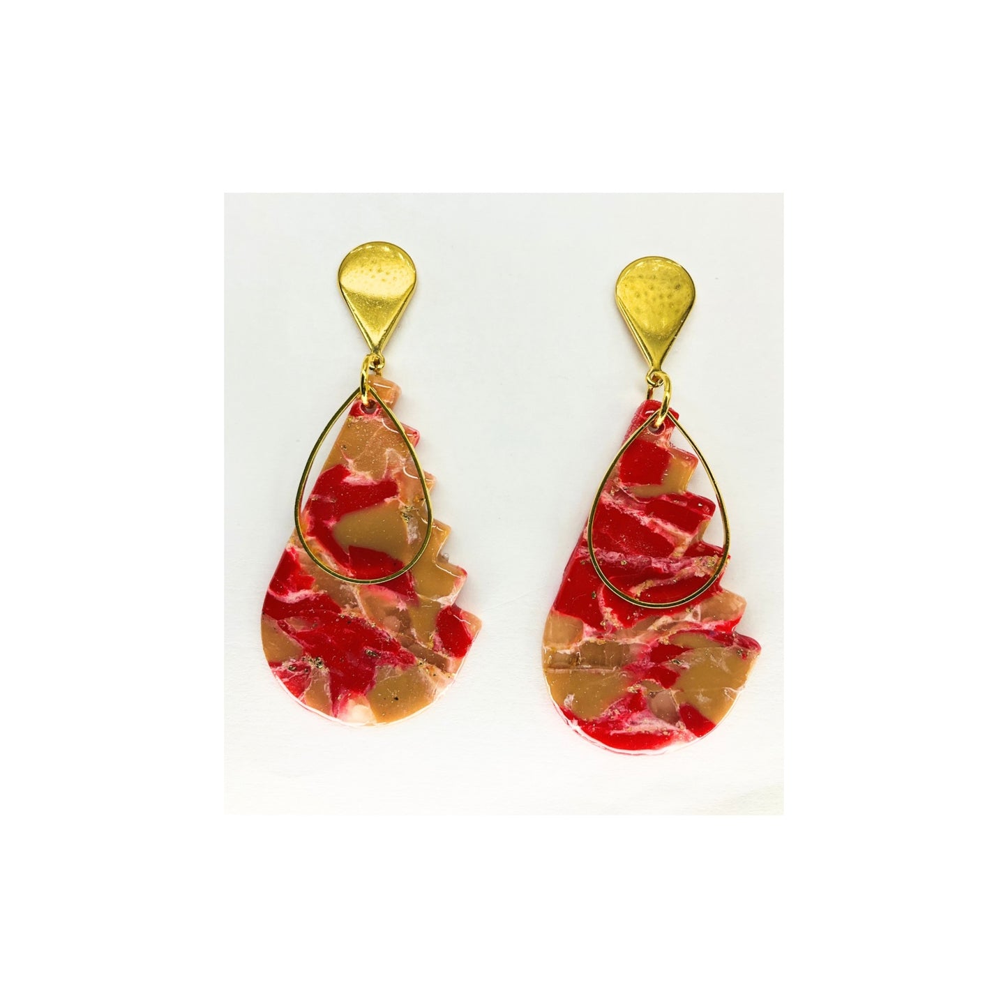 Red Tan Teardrop with Gold Embellishment Dangle and Gold Teardrop Stud Earrings-Crafting By BB