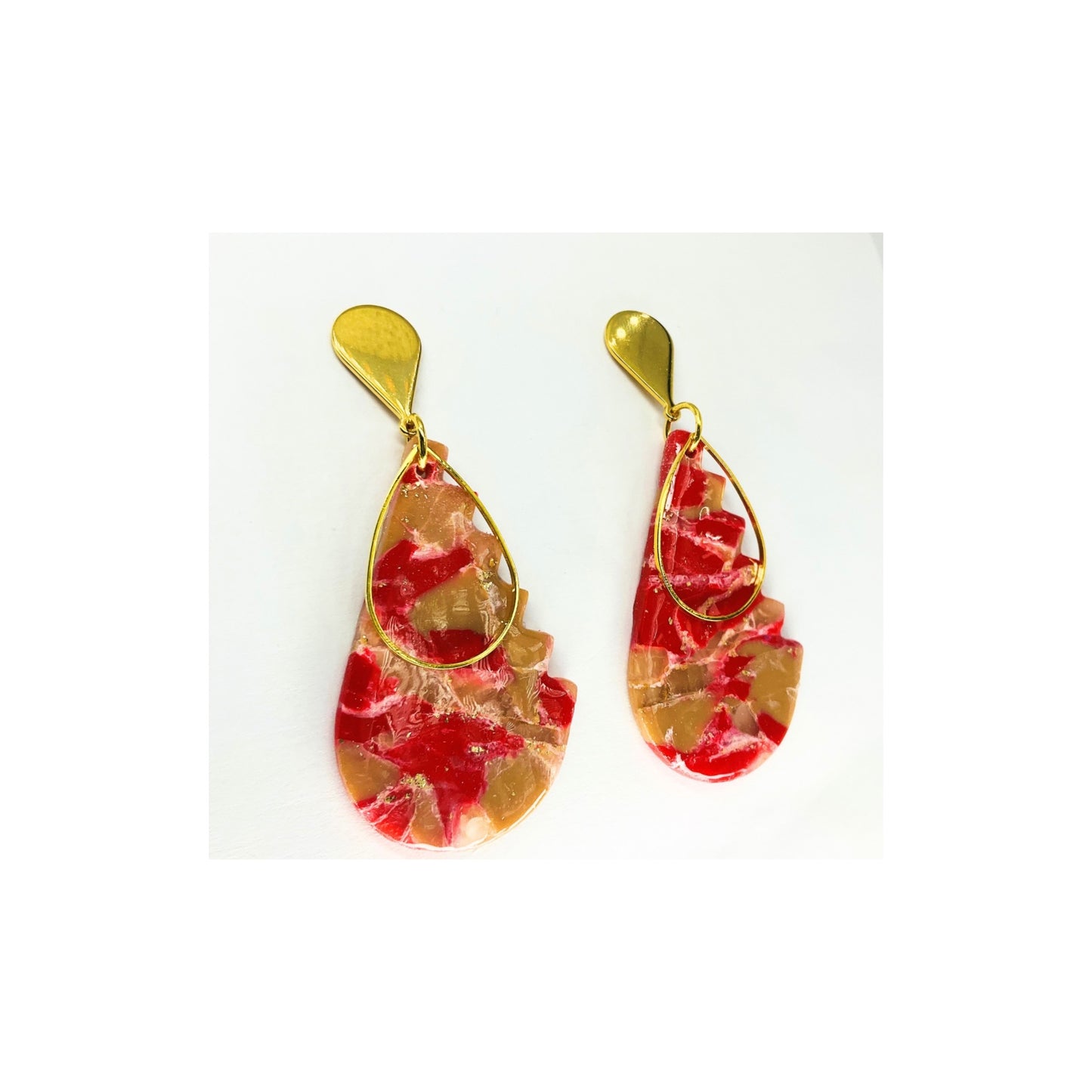 Red Tan Teardrop with Gold Embellishment Dangle and Gold Teardrop Stud Earrings-Crafting By BB