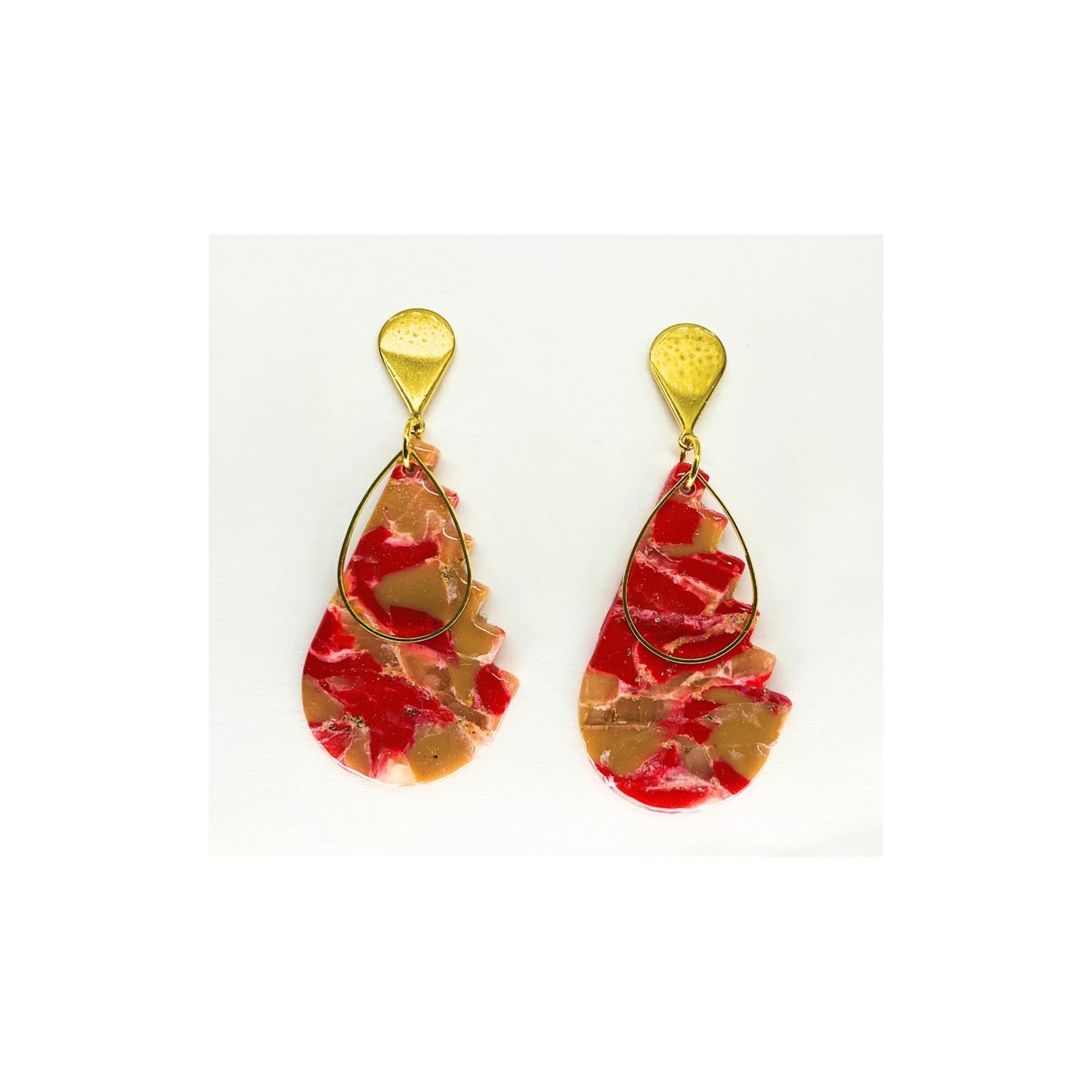 Red Tan Teardrop with Gold Embellishment Dangle and Gold Teardrop Stud Earrings-Crafting By BB