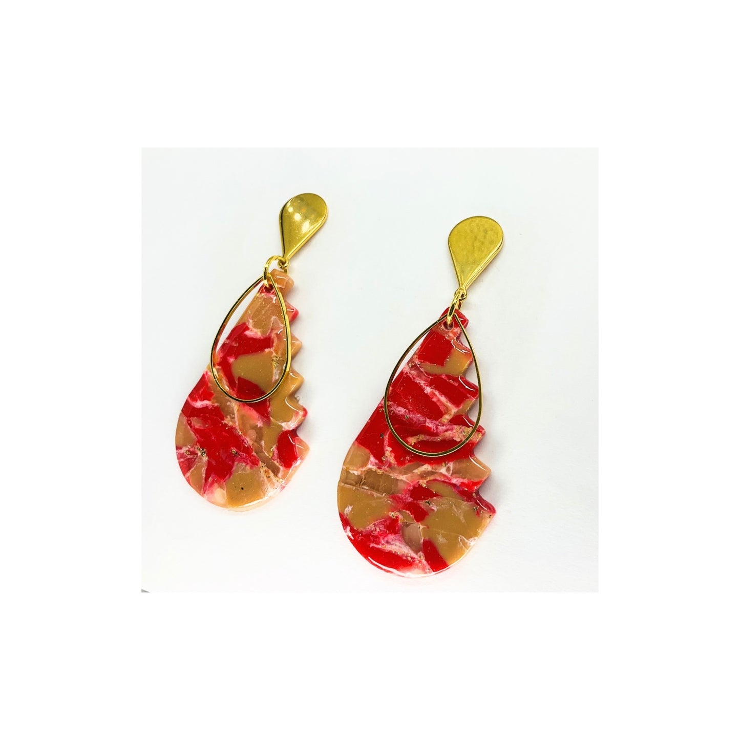Red Tan Teardrop with Gold Embellishment Dangle and Gold Teardrop Stud Earrings-Crafting By BB