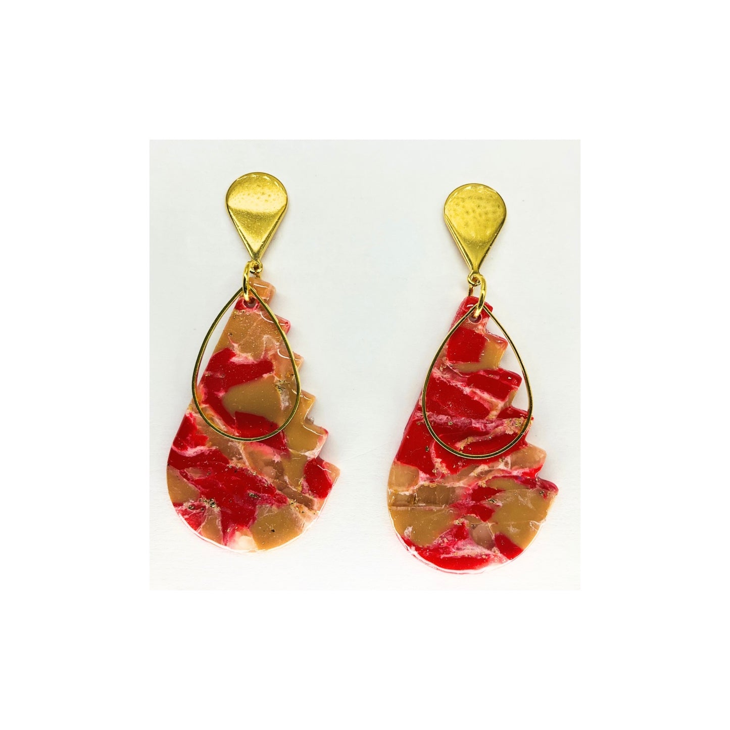Red Tan Teardrop with Gold Embellishment Dangle and Gold Teardrop Stud Earrings-Crafting By BB