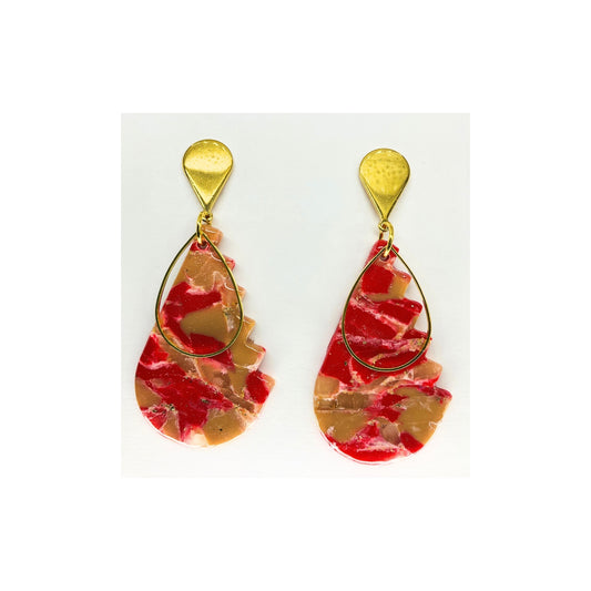 Red Tan Teardrop with Gold Embellishment Dangle and Gold Teardrop Stud Earrings-Crafting By BB