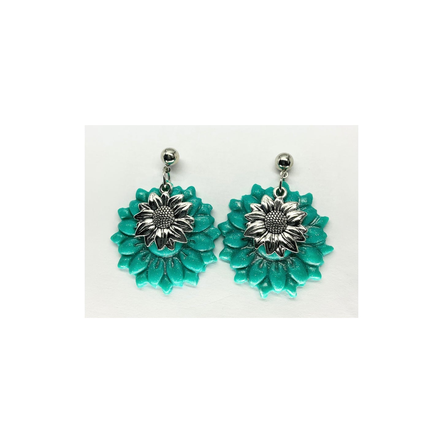 Turquoise Flower Dangle with Silver Charm and Ball Stud Earrings-Crafting By BB
