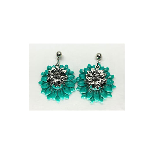 Turquoise Flower Dangle with Silver Charm and Ball Stud Earrings-Crafting By BB