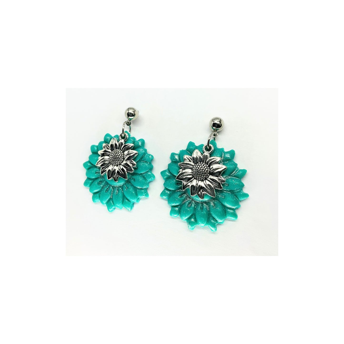 Turquoise Flower Dangle with Silver Charm and Ball Stud Earrings-Crafting By BB