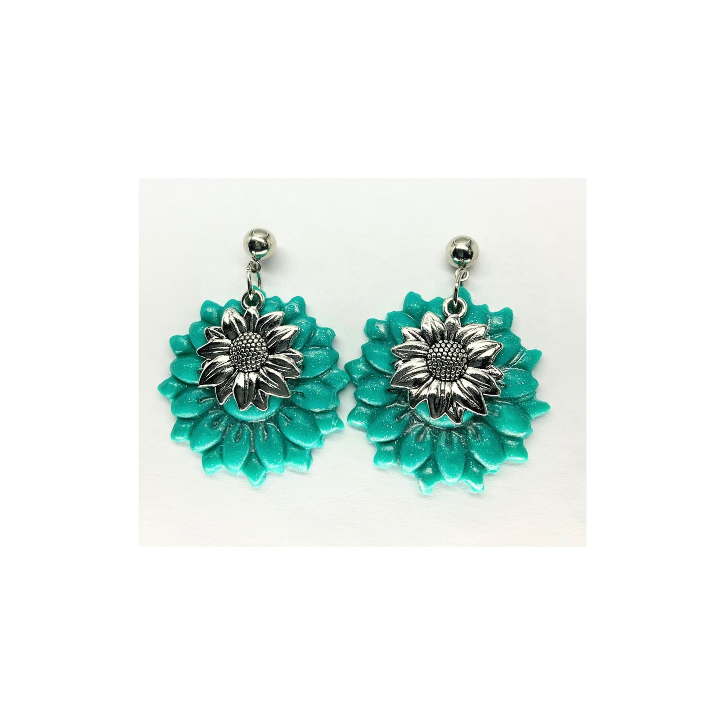 Turquoise Flower Dangle with Silver Charm and Ball Stud Earrings-Crafting By BB