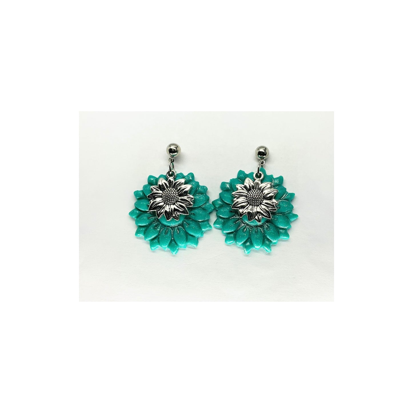 Turquoise Flower Dangle with Silver Charm and Ball Stud Earrings-Crafting By BB