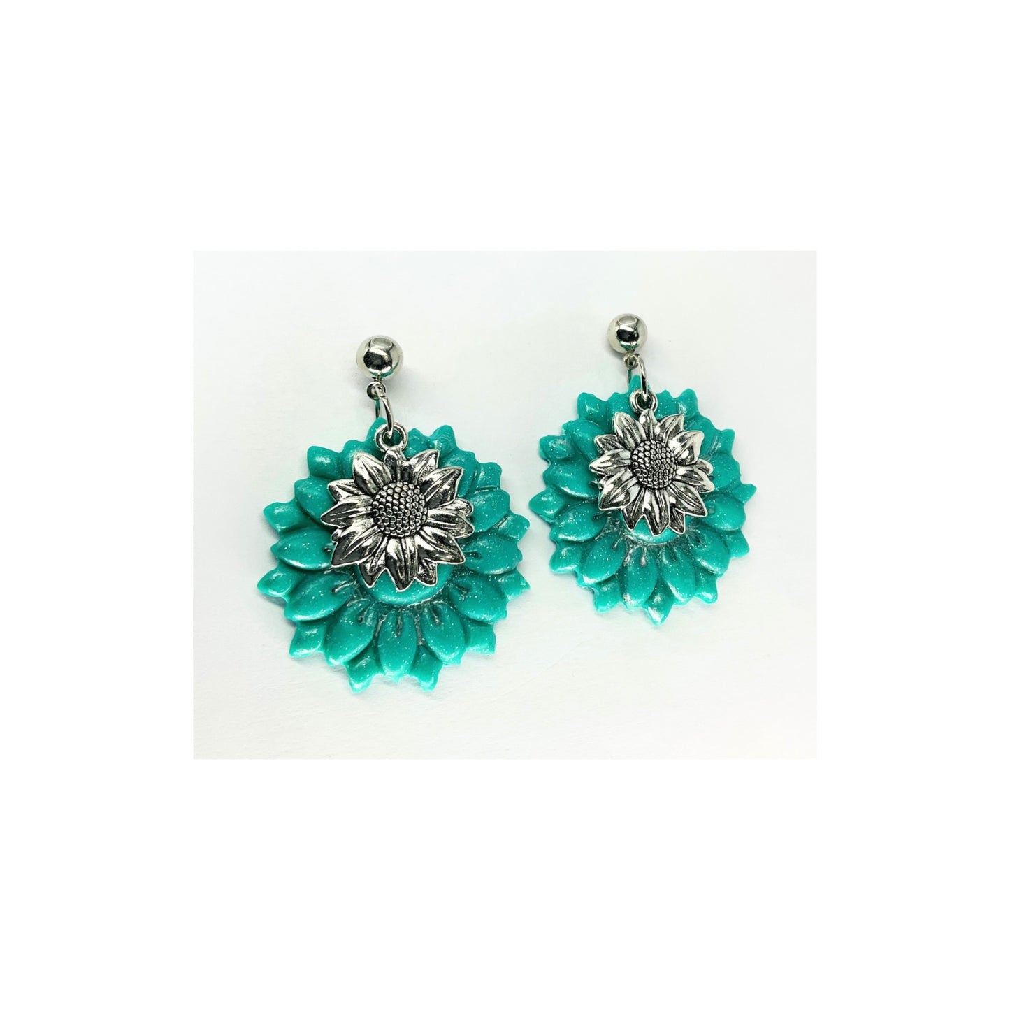 Turquoise Flower Dangle with Silver Charm and Ball Stud Earrings-Crafting By BB