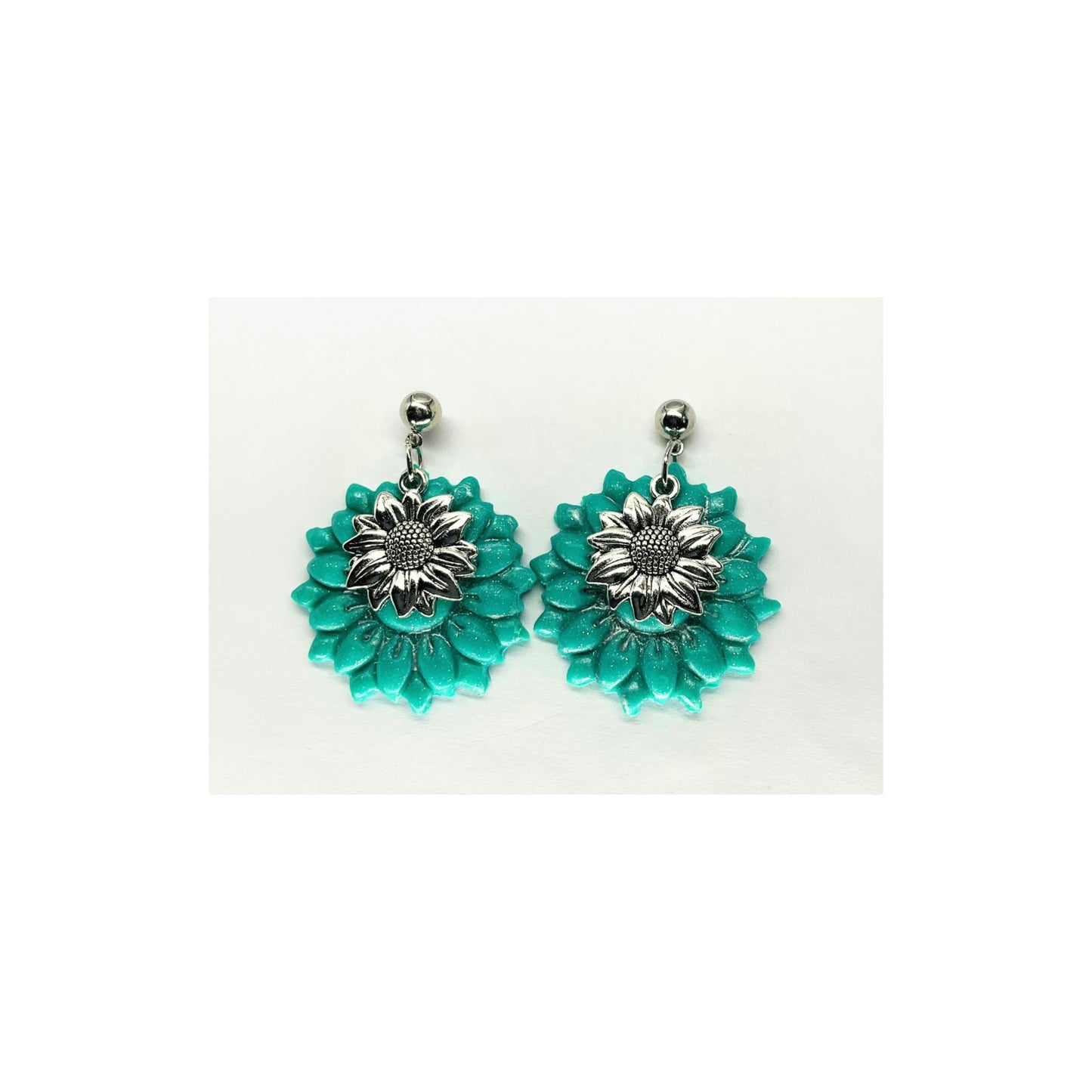 Turquoise Flower Dangle with Silver Charm and Ball Stud Earrings-Crafting By BB