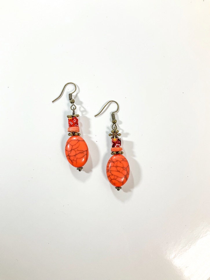 Orange Distressed Style Dangle Bead Earring Handmade with Orange Beads and Bronze Ear Wire for Earlobe