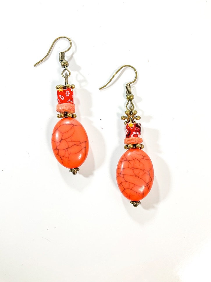 Orange Distressed Style Dangle Bead Earring Handmade with Orange Beads and Bronze Ear Wire for Earlobe