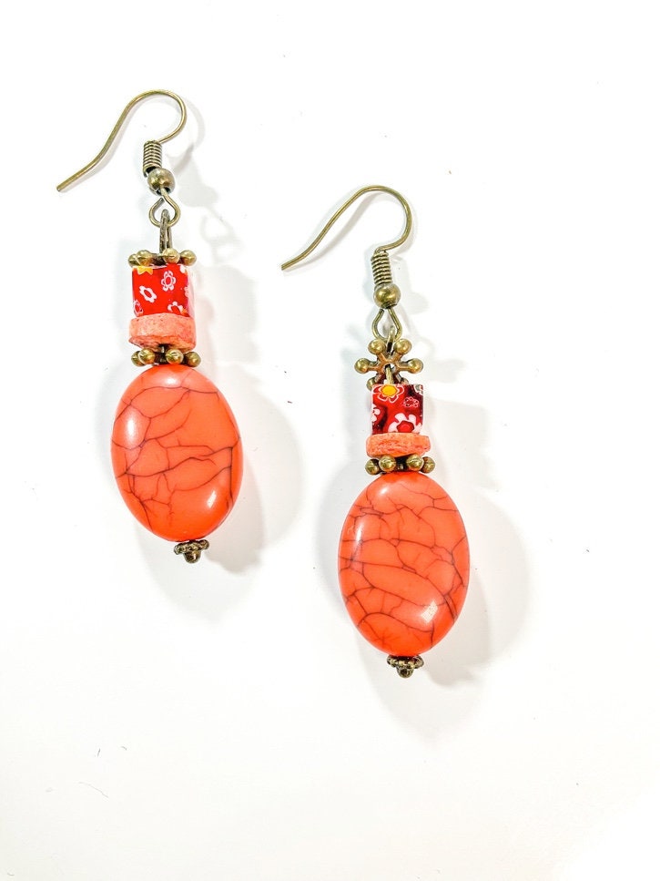 Orange Distressed Style Dangle Bead Earring Handmade with Orange Beads and Bronze Ear Wire for Earlobe