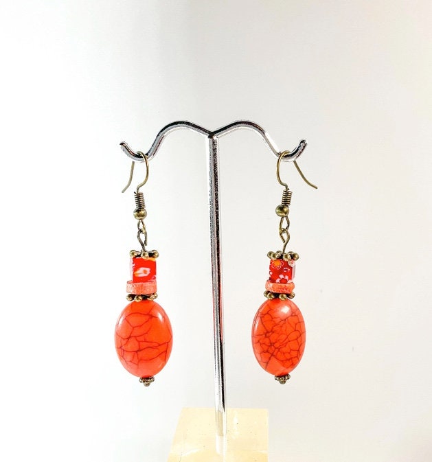 Orange Distressed Style Dangle Bead Earring Handmade with Orange Beads and Bronze Ear Wire for Earlobe