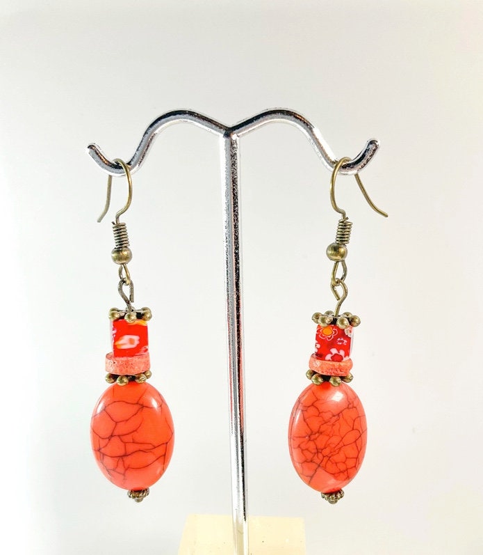 Orange Distressed Style Dangle Bead Earring Handmade with Orange Beads and Bronze Ear Wire for Earlobe