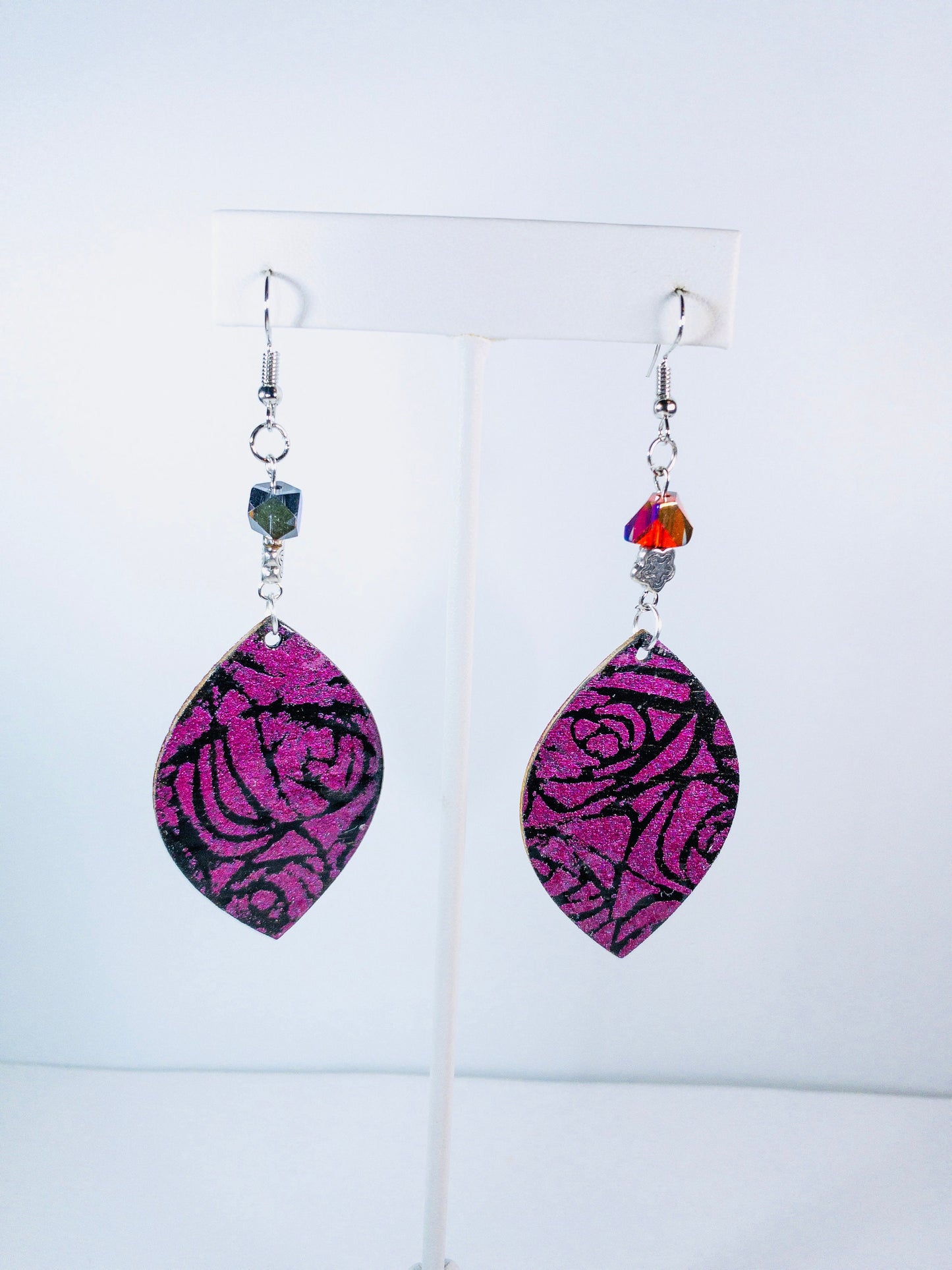Black and Fuchsia Iridescent Stenciled Rose Dangle Earrings