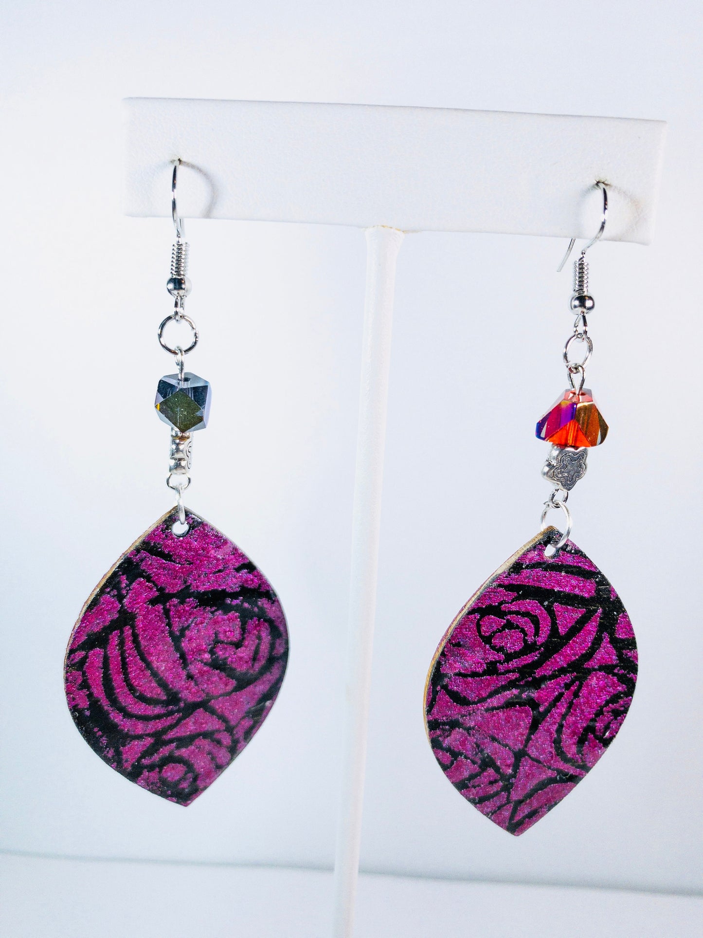 Black and Fuchsia Iridescent Stenciled Rose Dangle Earrings