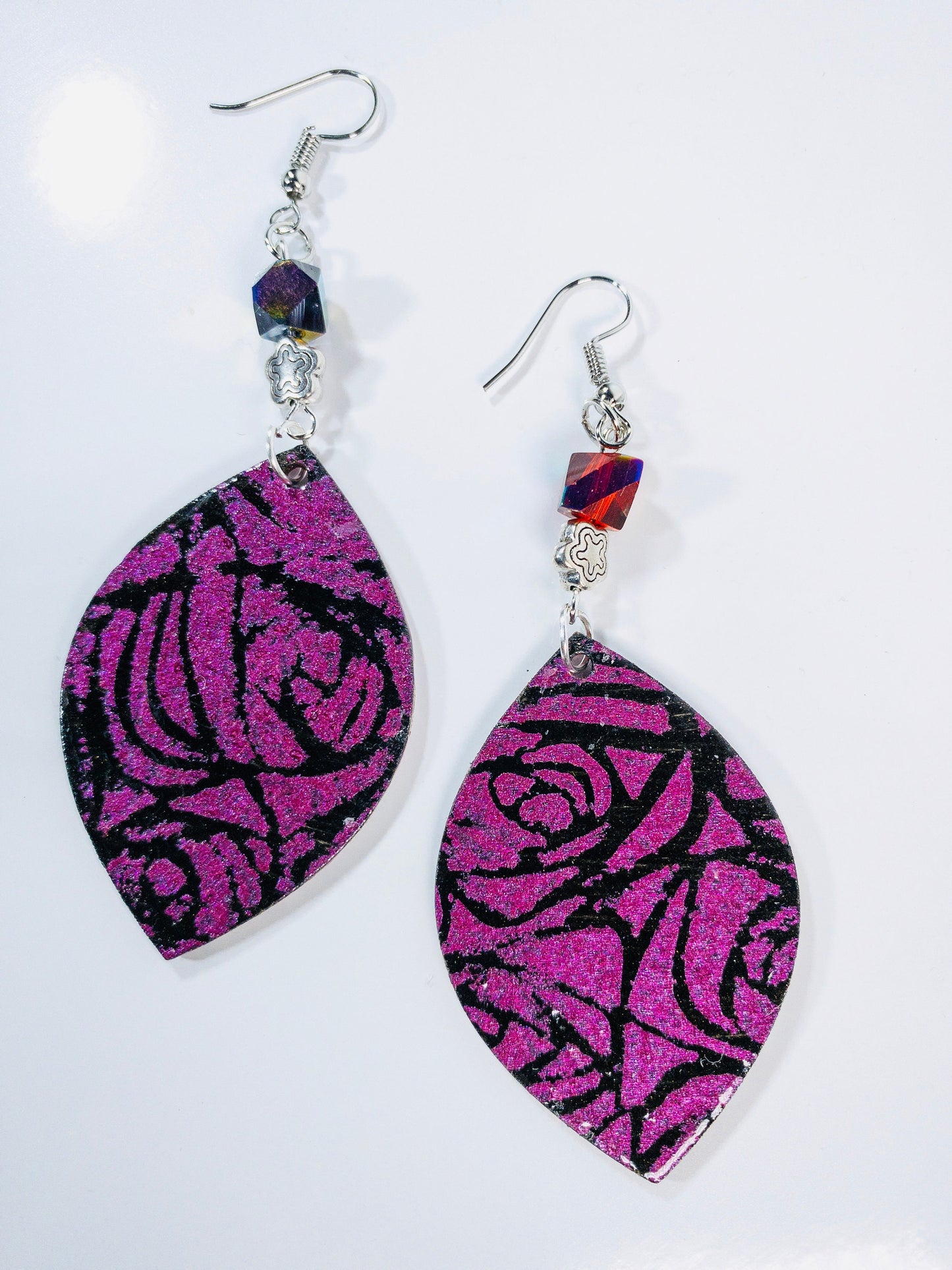 Black and Fuchsia Iridescent Stenciled Rose Dangle Earrings