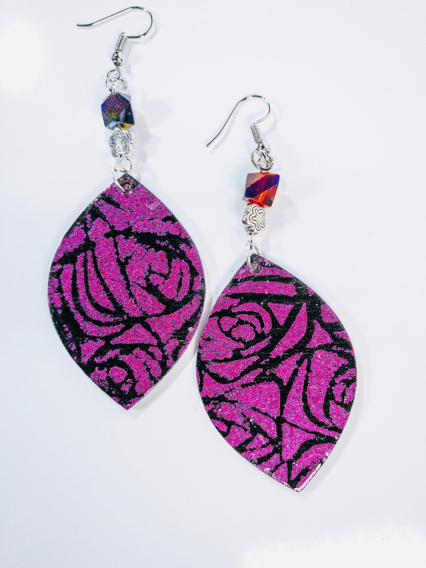 Black and Fuchsia Iridescent Stenciled Rose Dangle Earrings