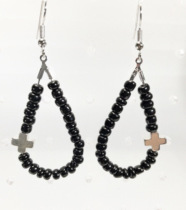Black Bead Teardrop Cross Dangle Earring